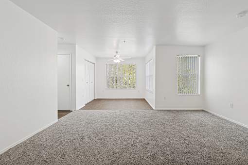 A spacious room with a grey carpet and a window with blinds.