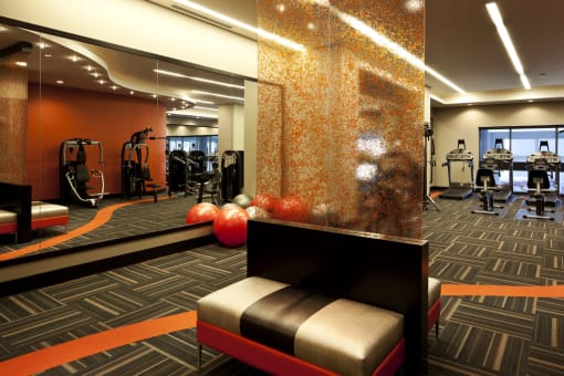 Fitness center with cardio equipment with large window and mirrored walls