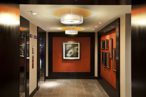 Elevator corridor with two elevators in hallway, Orange and wood accent walls with multiple artwork pictures