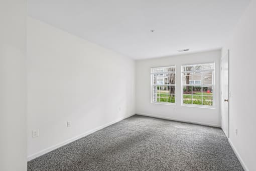 A room with a grey carpet and a window showing a view of houses.