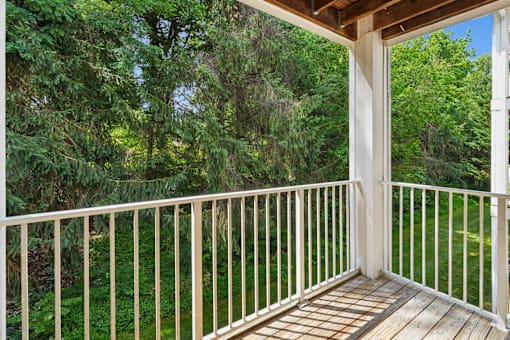 A balcony with a white railing and a view of a green forest.
