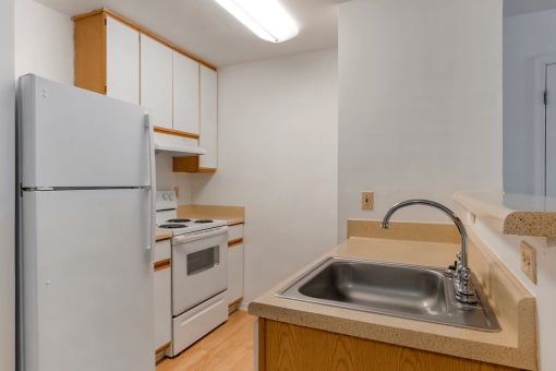 Kitchen with Blonde Cabinets Tan Counters and White Appliances