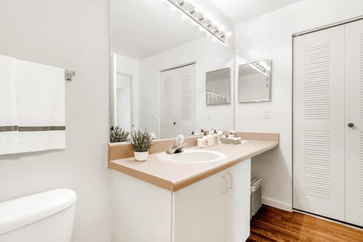 Virtually staged bathroom with large mirror, toilet, medicine cabinet, wood style flooring