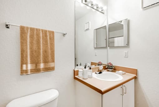 Virtually staged bathroom with large mirror, medicine cabinet, toilet, towel rack