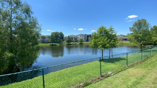 Lake with fence and grass area surrounded by trees with building exteriors in the background