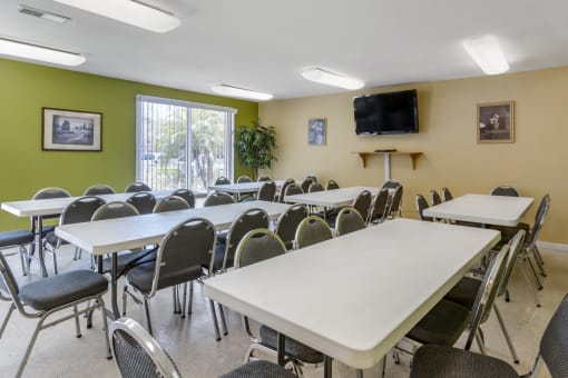 Clubhouse event room with wall mounted television