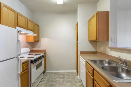 Fully equipped kitchen with double basin sink and  a pantry