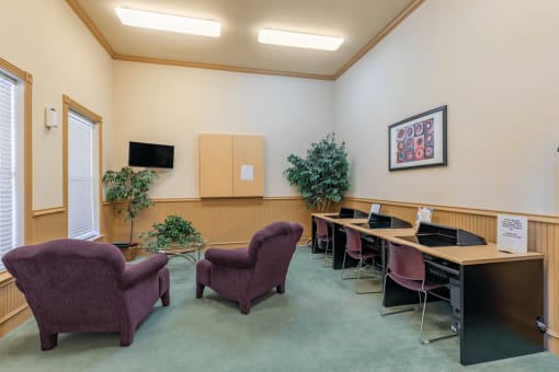 Computer lab with wall mounted television, fabric chairs and indoor plants