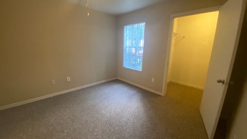 Carpeted bedroom with single door closet, double tone paint, with singular window