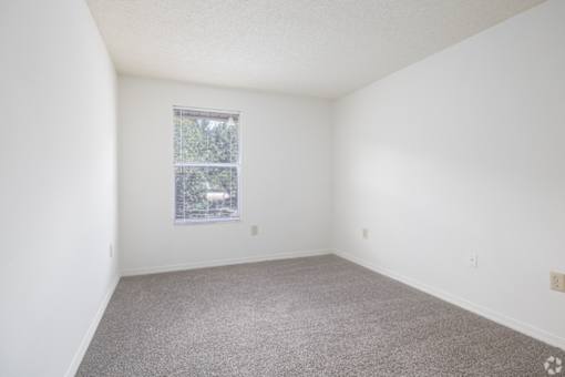 A room with a carpeted floor and a window with blinds.