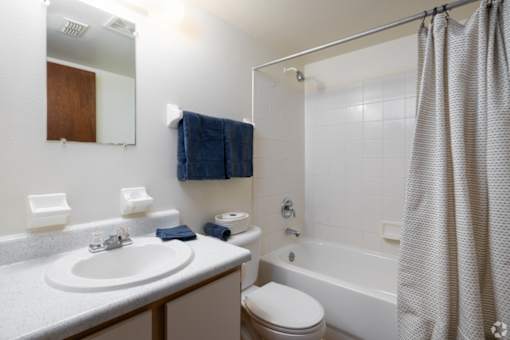 A bathroom with a white sink, toilet, and bathtub.