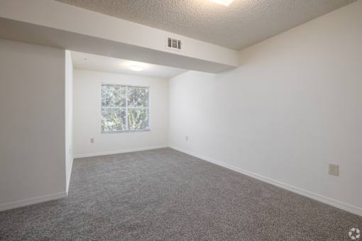 A room with a window and a carpeted floor.