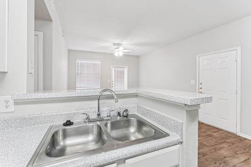 A kitchen with a double sink and a granite countertop.