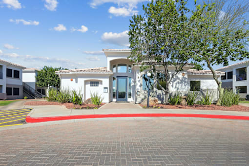 Leasing office facing the front door with natural surrounding landscape