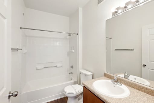 a bathroom with a shower sink and toilet and a mirror