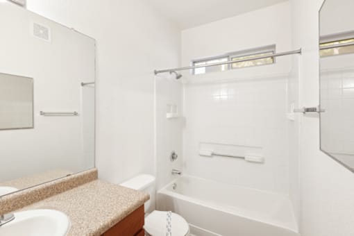 a bathroom with a tub and a sink and a mirror