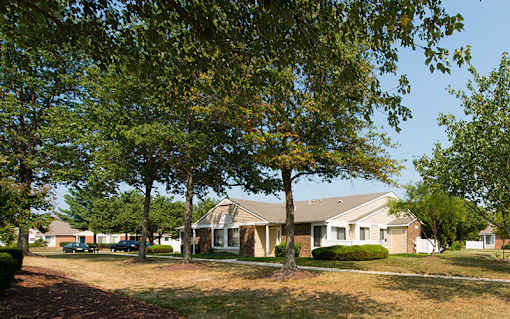 a house on a street with trees in front of it