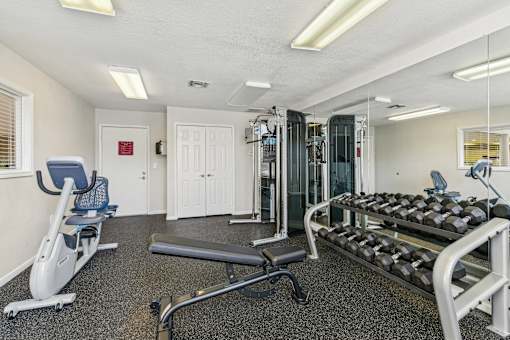 A well-equipped gym with a variety of exercise machines.