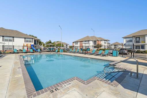 A swimming pool with the number 3 on the ground.