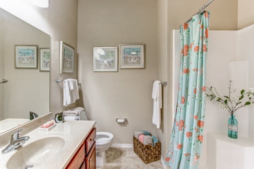 a bathroom with a shower and a sink and a toilet