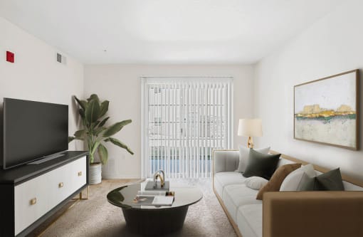 Living room with sliding glass door and abstract artwork at Rose Cove Homes Apartments, Farmington, Utah