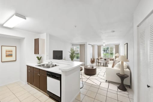 a kitchen and living room in a 555 waverly unit