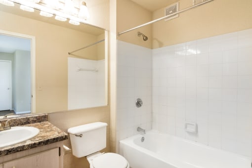 Bathroom with Tiled Shower with Bathtub Next to Toilet Under Vanity Mirror