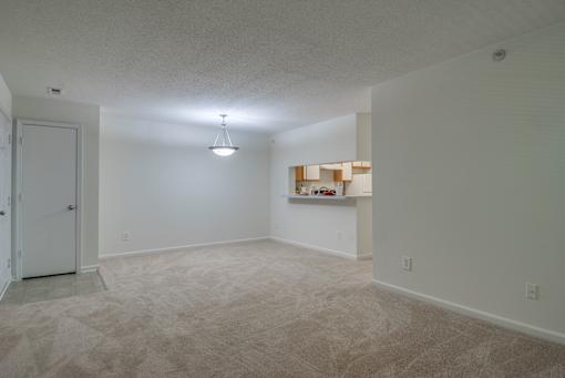A room with a carpeted floor and a white door.