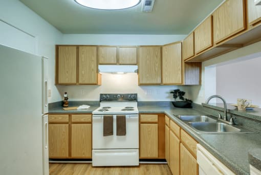Kitchen with white appliances, hardwood style flooring, and double basin sink