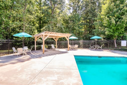 Swimming Pool and Sun Deck with Lounge Chairs Grill and  Pergola Near Treeline
