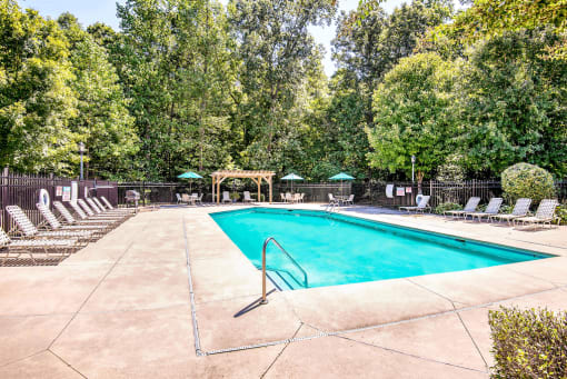 Swimming Pool and Sun Deck with Lounge Chairs Grill and  Pergola Near Treeline