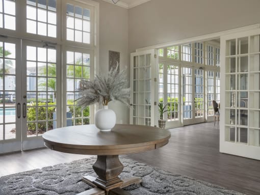 inside of clubhouse with view of pool