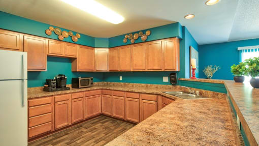 Clubhouse kitchen area with granite style countertops, cabinets, wood style flooring and white refrigerator