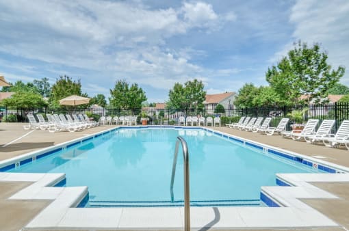 Swimming pool with lounge chairs alongside the pool. Tress in the background