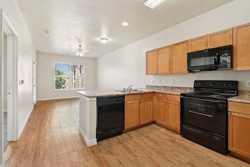A kitchen with black appliances and wooden cabinets.