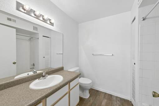 A bathroom with a sink, toilet, and mirror.