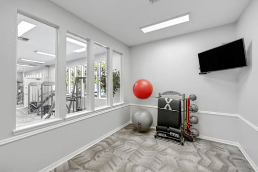 a workout room with a tv and exercise balls