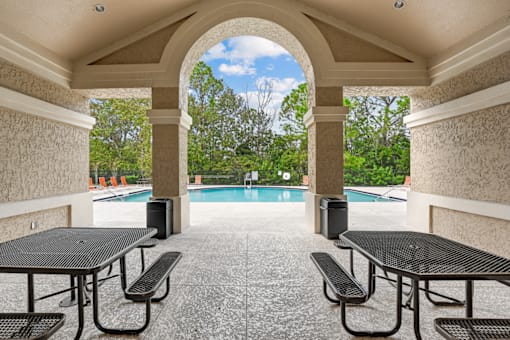 a covered patio with picnic tables and a pool in the background