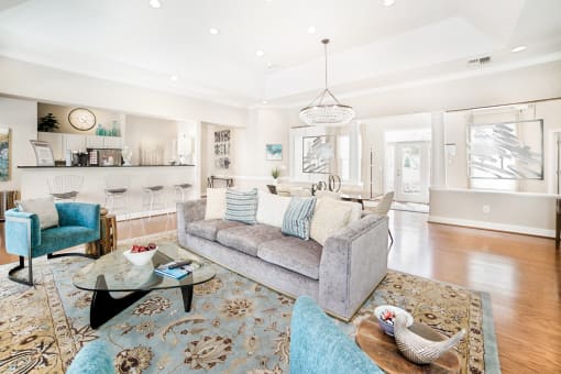 a living room filled with furniture and a large rug