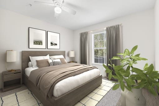 a bedroom with a large bed and a large plant in the corner of the room