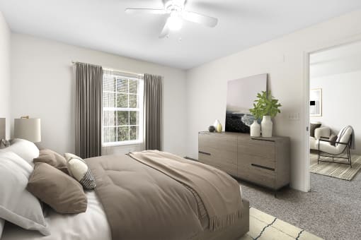 a bedroom with a large bed and a dresser with a mirror