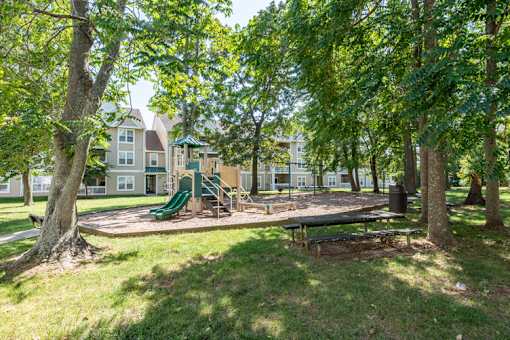 a playground with trees and houses in the background