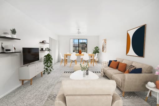 virtually staged living room with carpeted flooring, ceiling fan, and window