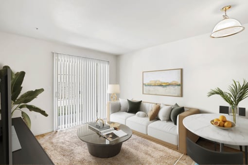 Living room with white vertical blinds and modern furnishings at Rose Cove Homes Apartments, Farmington, Utah