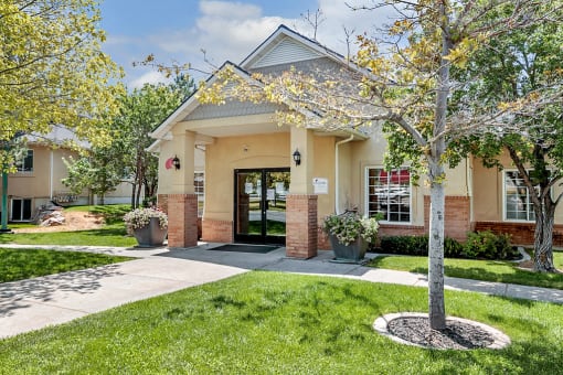 Leasing office with walkway leading toward building