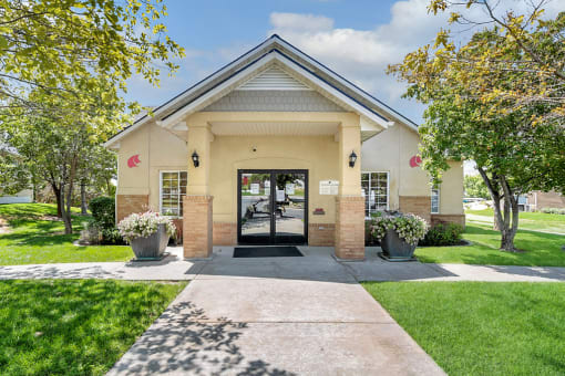 Leasing office with walkway leading toward building
