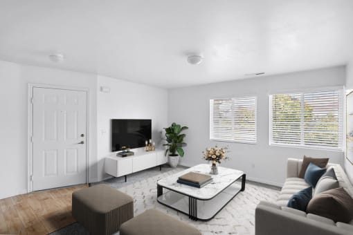 Virtually staged livingroom with couch, coffee table, lounge chairs, wall art, accent rug, television on tv stand, potted plant,  with carpet and white walls and two windows