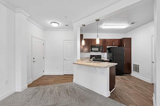 A kitchen area with a counter and cabinets.