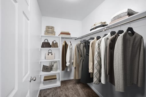 Virtually staged walk-in closet with hung clothing, long metal poles and shelves