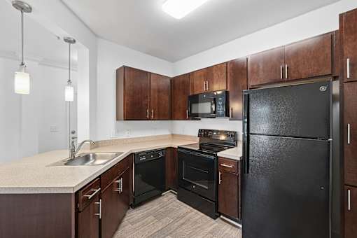A kitchen with a black refrigerator and wooden cabinets.